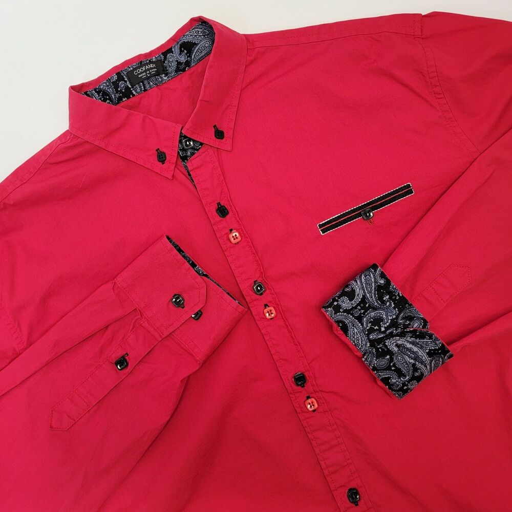 Coofandy Mens Red w/Black Paisley Trim Long Sleeve Collared Shirt Size Large EUC